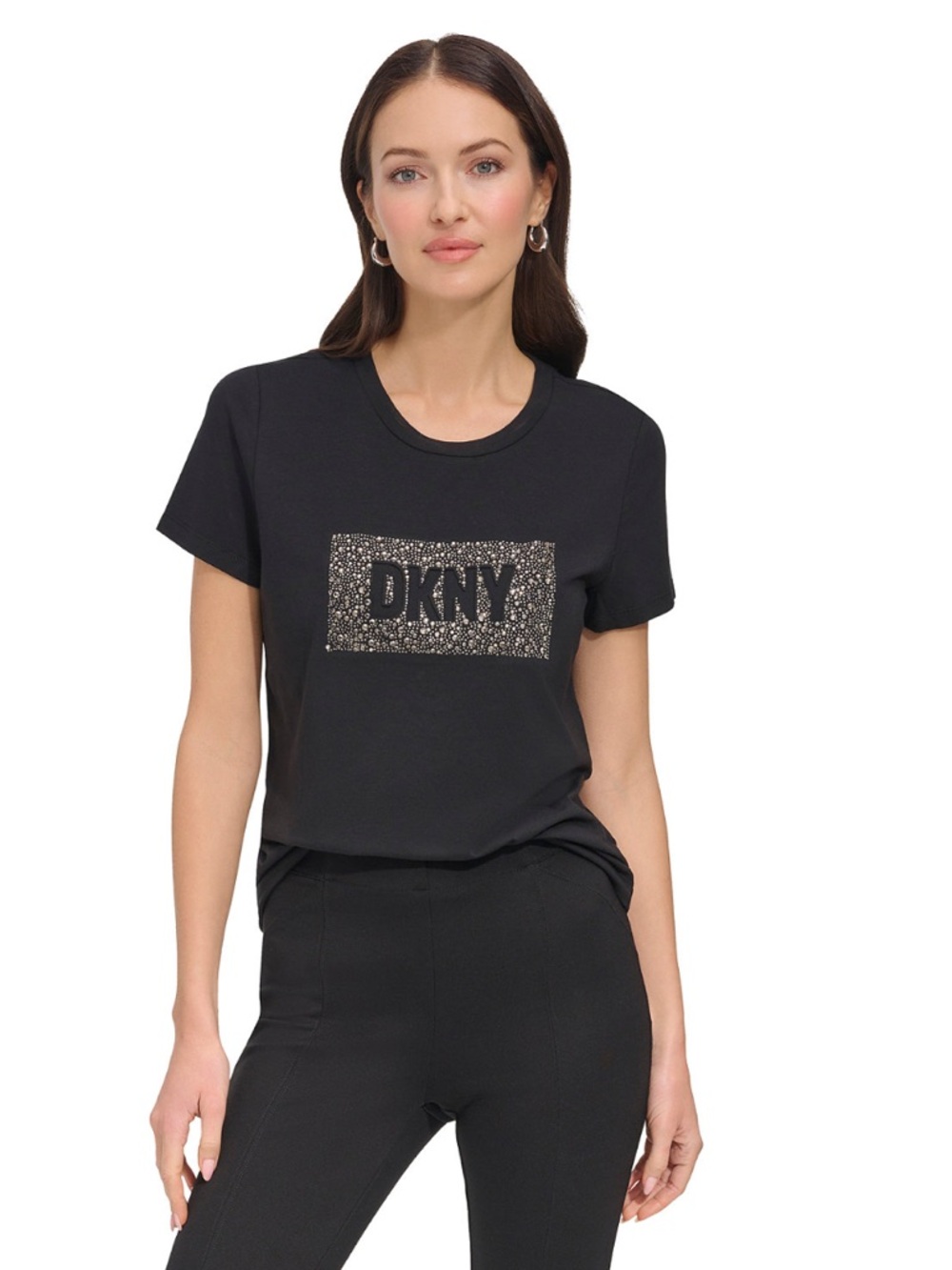 DKNY Black Short Sleeve Logo Tee with Rhinestone Metallic Accents Size L